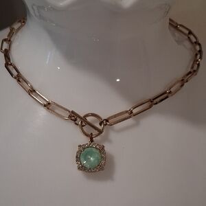 Gold Link Necklace with Mint Green Pendant